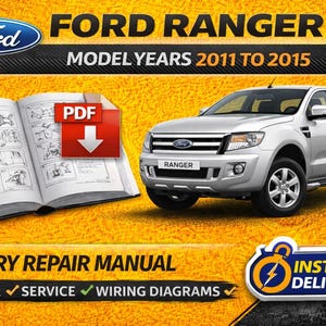 Può includere: Immagine di un pick-up Ford Ranger argentato con un manuale di riparazione e il testo "Ford Ranger Anni Modello 2011 al 2015". Il manuale include schemi di riparazione, assistenza e cablaggio.
