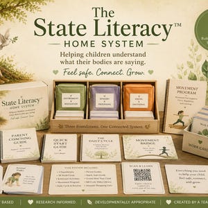 May include: The State Literacy Home System educational kit for ages 3-5 includes a wooden organizer with three colored pouches, a parent coaching guide, a quick start guide, a daily cycle book, a movement program book, work cards, and extension activity cards, all featuring text and illustrations.