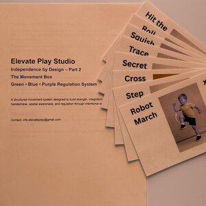 May include: A beige paper with the text "Elevate Play Studio" and "Independence by Design - Part 2". A fan of small cards with action words like "Hit the" and "Robot March" is on the right. A photo of a child is on one card.