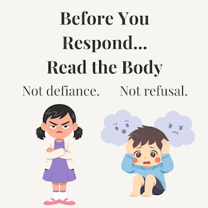 May include: An illustration with text that reads "Before You Respond... Read the Body. Not defiance. Not refusal." A girl with crossed arms and an angry expression is on the left. A boy with a worried expression is on the right.