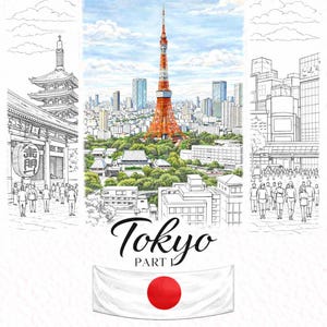 Può includere: Illustrazione ad acquerello di Tokyo, Giappone, con la Tokyo Tower, lo skyline della città e l'architettura tradizionale. L'immagine include il testo "Tokyo Part 1" e una bandiera giapponese.