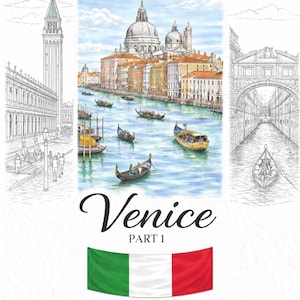 Può includere: Un dipinto ad acquerello di Venezia, Italia, con gondole su un canale, edifici e la scritta "Venice PART 1". La bandiera italiana è in basso. L'opera d'arte comprende disegni a tratteggio dettagliati di elementi architettonici.
