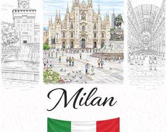 Milan Italy Adult Coloring Book Printable PDF | 20 Detailed Landmark Pages | Duomo Navigli San Siro | Travel Gift for Italy Lovers