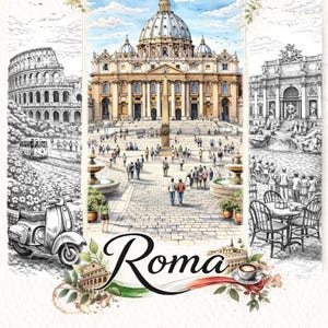 Può includere: Illustrazione ad acquerello di Roma con il Colosseo, la Basilica di San Pietro e la Fontana di Trevi. Sono inclusi anche uno scooter, un caffè e la parola "Roma". L'opera d'arte ha un tema di viaggio.