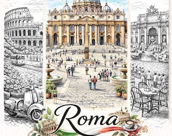 Rome Coloring Pages Printable PDF – 20 Famous Landmarks of Rome – Colosseum, Vatican, Trevi Fountain – Travel Adult Coloring Book 8.5x11 inc