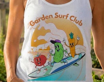 Canotta Garden Surf Club da donna – Divertente maglietta da surf con verdure – Canotta estiva boho da spiaggia e giardino – Maglietta da surfista con verdure, regalo per giardinieri