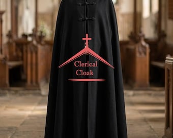 Bishop Clerical Cloak, Church Clergy Attire Vestment Black Wool Cloak