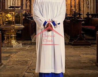 Clergyman Rochet in White with Royal Blue Sleeve Cuffs, Bishop Rochet Vestment