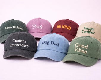 Custom Embroidered Hat, personalised text cap, vintage wash trucker hat. funny your slogan.
