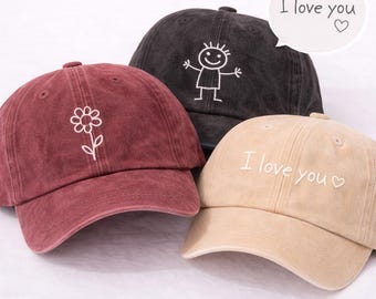 Custom Child Drawing Embroidered Hat, Personalized Gift for Parents, UK Studio Made