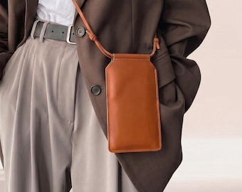 Leather Crossbody Phone Bag, Small Crossbody Phone Purse, Handmade Phone Bag, Slim Phone Pouch, Leather Phone Pouch Crossbody