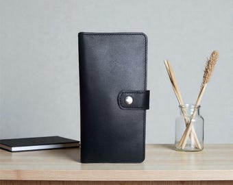 Gepersonaliseerde lange leren portemonnee, telefoonhoesje, cadeau voor haar of hem, handgemaakte portemonnee