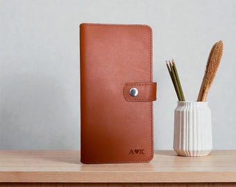 Leren portemonnee voor dames en heren, gepersonaliseerde telefoonportemonnee, lange reizen, aangepaste initialen met reliëf