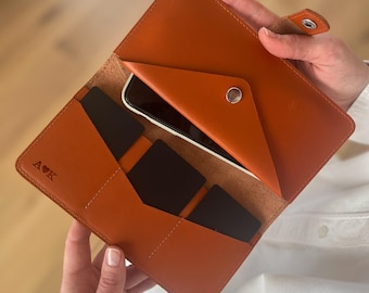 Lange leren portemonnee, gepersonaliseerde telefoonportemonnee, cadeau voor haar of moeder