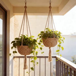 May include: Two hanging woven plant baskets filled with green plants. The baskets are suspended by knotted rope hangers. Each basket has a tassel at the bottom. The scene is set on a balcony with a metal railing.