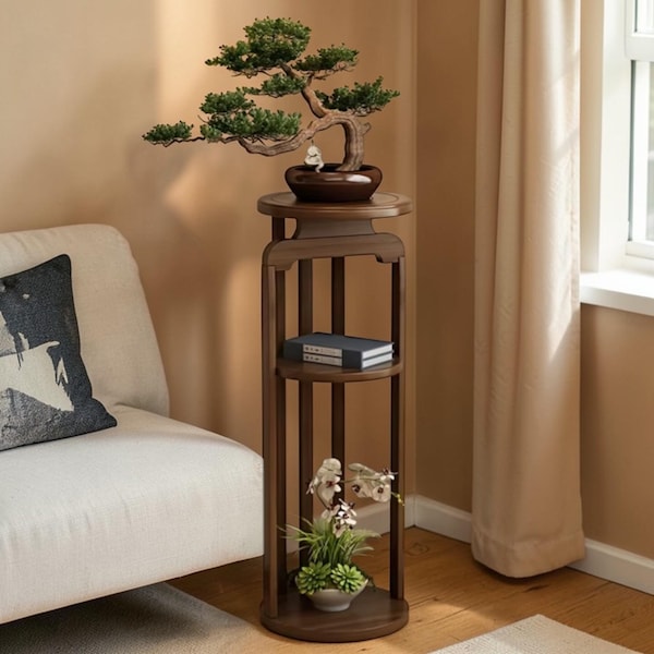 Round Chinese Style Flower Stand Tall Wooden Display Rack for Bonsai Vases Modern Pedestal Plant Holder Living Room Corner Decor Shelf