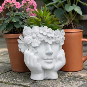 Puede incluir: Una maceta de cerámica blanca con forma de rostro, adornada con una corona floral y manos que sostienen la barbilla. Contiene una suculenta verde. Otras plantas en macetas se encuentran en el fondo.