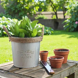 May include: A silver metal planter with rope handles, inscribed with "FLOWERS & GARDEN", holds green plants. Three terracotta pots and a trowel are on a wooden table, suggesting gardening. A green lawn and trees are in the background.