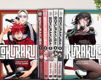 Puede incluir: Una colección de cinco volúmenes de manga, con portadas coloridas que presentan ilustraciones de personajes. Los lomos muestran el título "Gokurakugai" y los números de volumen. Las ilustraciones incluyen personajes vestidos de rojo y negro.
