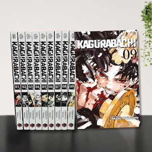May include: A set of nine manga volumes, titled "Kagurabachi," with colourful cover illustrations. The spines show the series title and volume numbers 01-09. Volume 09's cover features a detailed illustration, the title, and the author's name.