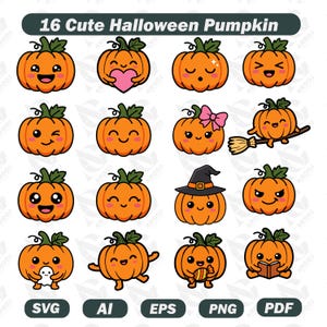 Cute Halloween Pumpkin Clipart Bundle SVG PNG, Jack O Lantern Clipart, Kawaii Pumpkin Face PNG, halloween graphics, Digital Download
