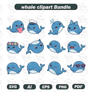 Puede incluir: Un paquete de imágenes prediseñadas de ballenas que incluye doce ilustraciones de ballenas azules con varios accesorios como un corazón, gorra de capitán, corona de flores, lazo y gafas de sol en forma de corazón. El texto whale clipart Bundle está arriba.