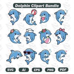 以下が含まれることがあります： Dolphin Clipart Bundleというタイトルの12種類のイルカのイラストセット。ビーチボール、ピンクのハート、セーラー帽、花、ピンクのリボン、ハート型のサングラスなどを身につけた様々なポーズのイルカが描かれており、SVG、AI、EPS、PNG、PDFのラベルが付いています。