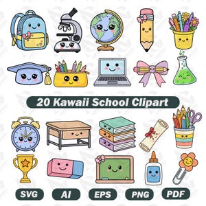 Può includere: Una collezione di 20 illustrazioni Kawaii a tema scolastico che include uno zaino blu, un microscopio, un mappamondo, una matita, un portapenne, un tocco di laurea, un portatile, un fiocco, un matraccio, una sveglia, una scrivania, libri e colla.