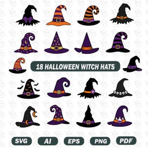 May include: A collection of 18 Halloween witch hats in various styles, featuring black, purple, and orange color schemes. Designs include striped patterns, stars, moons, bats, skulls, and potion bottles. The text 18 HALLOWEEN WITCH HATS is centered.