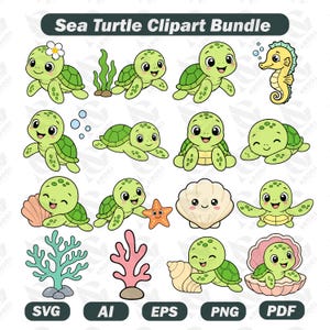 Havssköldpadda Clipart Bundle, Söt Kawaii Sköldpadda SVG, Havsdjur Clipart, Baby Havssköldpadda PNG, Havsliv Clipart, Digital Nedladdning