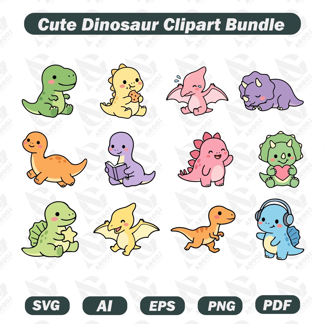Cute Dinosaur Clipart Bundle PNG SVG | Kawaii Dino Clipart | Baby ...