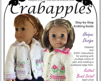 May include: Knitting pattern for a white cardigan with pink and green floral embroidery. The pattern is called "Rambling Rose" and is designed for 18-inch dolls. The pattern includes a step-by-step knitting guide and instructions for creating a scalloped edge hem.