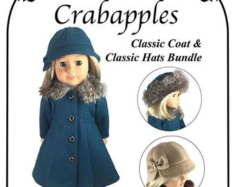 May include: A pattern for a teal blue coat and three different hats for 18 inch dolls. The pattern includes instructions for making a classic coat and three classic hats. The pattern is designed for intermediate skill level. "Includes THREE coat variations and Three Hat Variations. Copyright© 2018 Crabapples"