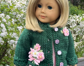 Hand Knit 18" Green Doll Cardigan, Embroidered Flowers, Handmade