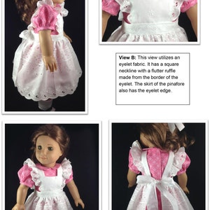 May include: A doll wearing a pink and white dress with a square neckline and a flutter ruffle. The dress features an eyelet fabric skirt and a white apron. The doll has brown hair and green eyes. The dress is a pinafore style.