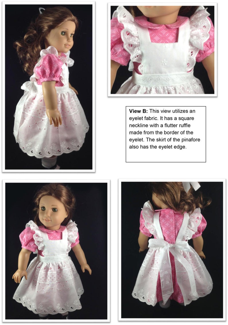 May include: A doll wearing a pink and white dress with a square neckline and a flutter ruffle. The dress features an eyelet fabric skirt and a white apron. The doll has brown hair and green eyes. The dress is a pinafore style.