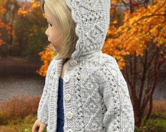 Hand Knit Sweater, fits 18" doll, Hoodie design, cable pattern, Knit hood, Fisherman knit