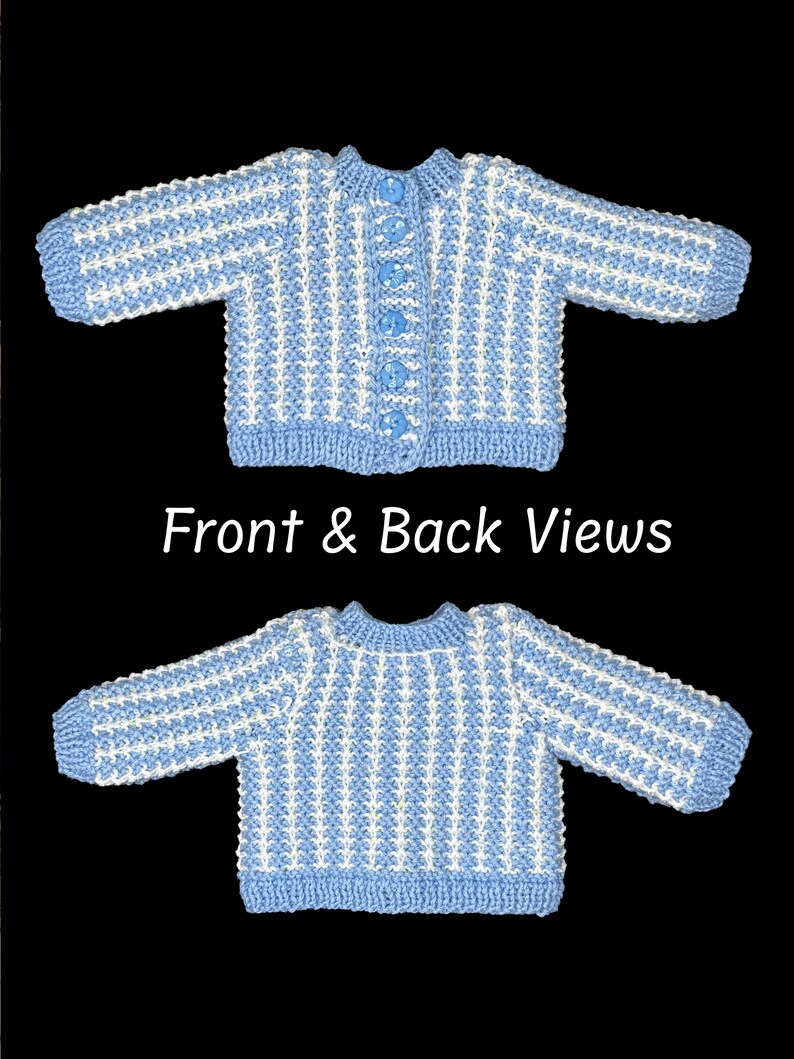 May include: A baby's knitted cardigan in light blue and white, with a button-up front and ribbed cuffs. The image shows front and back views of the sweater. The text "Front & Back Views" is displayed below the sweaters.