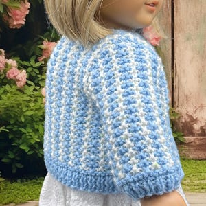 May include: A blue and white crochet sweater on a doll. The sweater has a textured pattern and a ribbed hem and cuffs. The doll is wearing a white dress. The background includes pink flowers and a wooden fence.