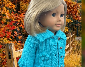 18 inch doll, Aqua Hand knit sweater,  Flower Cardigan