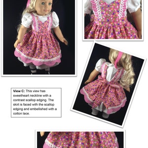 May include: A doll wearing a pink floral print dress with a white blouse. The dress features a sweetheart neckline, scallop edging, and cotton lace trim. The doll has blonde hair and a pink ribbon.