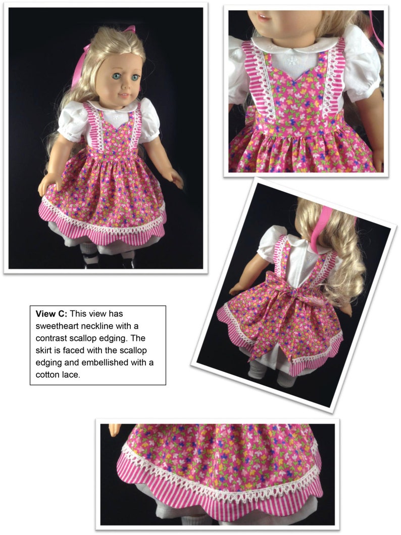 May include: A doll wearing a pink floral print dress with a white blouse. The dress features a sweetheart neckline, scallop edging, and cotton lace trim. The doll has blonde hair and a pink ribbon.