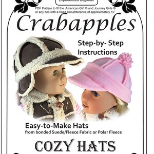 May include: A PDF pattern for making two cozy hats for dolls. The pattern is for an experienced beginner and is designed to fit dolls with a head circumference of approximately 12 inches. The hats are shown on two dolls, one wearing a brown and white hat with a brim and the other wearing a pink hat with a pom-pom.