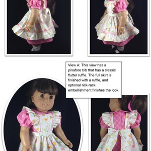 May include: A doll wearing a pink and white dress with a floral pattern. The dress features a pinafore bib, flutter sleeves, and a ruffled skirt. The doll has brown hair and is posed in front of a white background.