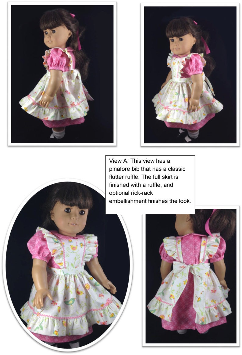 May include: A doll wearing a pink and white dress with a floral pattern. The dress features a pinafore bib, flutter sleeves, and a ruffled skirt. The doll has brown hair and is posed in front of a white background.