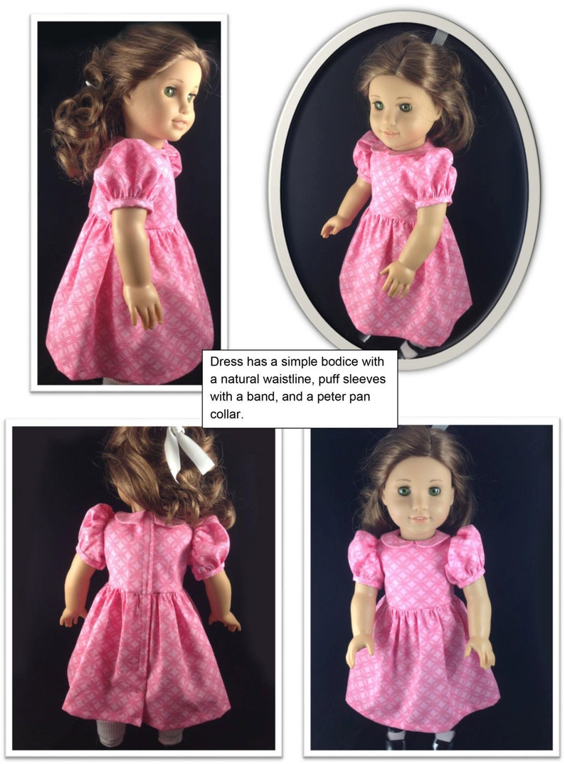 May include: A pink doll dress with a geometric pattern. The dress features a simple bodice, a natural waistline, puff sleeves with a band, and a Peter Pan collar. The dress is displayed on a doll.