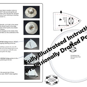 May include: A black and white illustrated guide with instructions for making a hat. The guide includes diagrams and text for sewing the hat lining and crown. The text includes the phrase "Fully Illustrated Instructions Professionally Drafted Patterns".