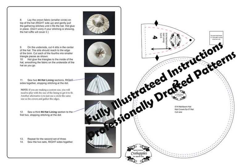 May include: A black and white illustrated guide with instructions for making a hat. The guide includes diagrams and text for sewing the hat lining and crown. The text includes the phrase "Fully Illustrated Instructions Professionally Drafted Patterns".