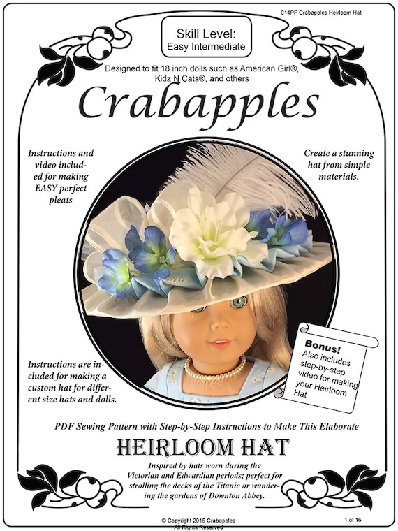 PDF pattern, 18 inch Doll  Hat, Vintage Inspired