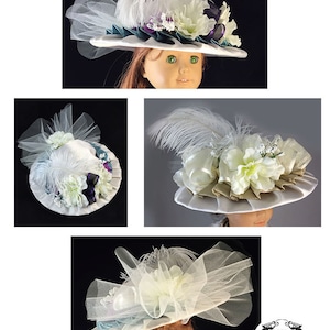 May include: A white hat with a white feather, white flowers, and a teal ribbon. The hat is trimmed with white lace and has a white satin base.